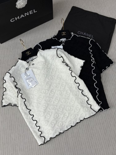 Chanel New Fashion Double C Logo Jacquard Contrast Black Fungus Edge Knitted Short Sleeve