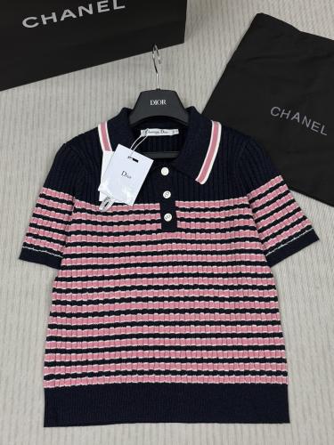 Dior New Fashion Intercolor Stripe Splicing Knitted Short Sleeve