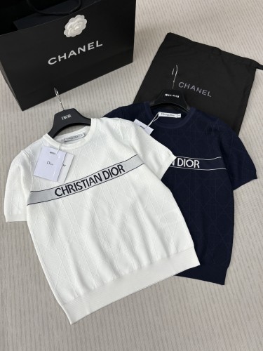 Dior New Classic Letter Diamond Pattern Jacquard Knitted Round Neck Short Sleeve