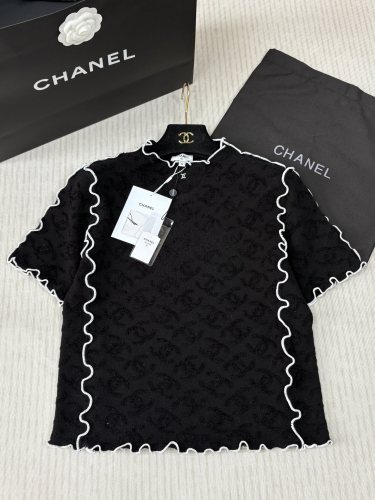 Chanel New Fashion Double C Logo Jacquard Contrast Black Fungus Edge Knitted Short Sleeve