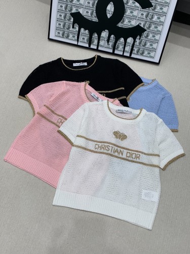 Dior Spring/Summer New Gold Thread Logo Hollow Knitted Round Neck Short Sleeve