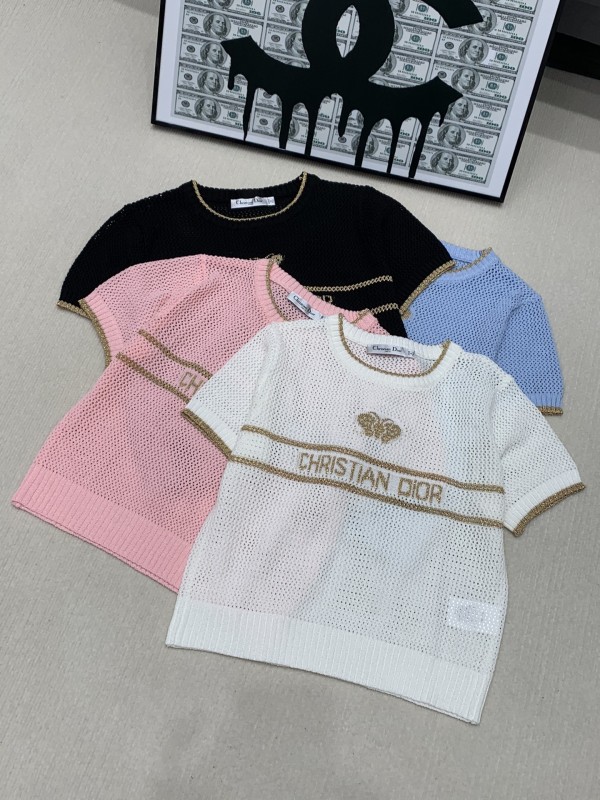 Dior Spring/Summer New Gold Thread Logo Hollow Knitted Round Neck Short Sleeve