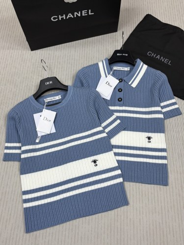 Dior New Fashion Star Alphabet Logo Jacquard Intercolor Stripe Splicing Knitted Short Sleeve