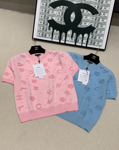 Chanel New Fashion 3D Towel Embroidered Logo Knitted Round Neck Short Sleeve