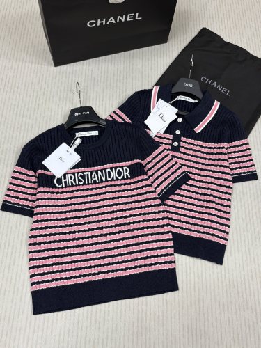 Dior New Fashion Intercolor Stripe Splicing Knitted Short Sleeve