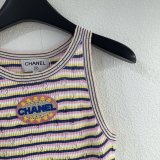 Chanel New Classic Embroidered Logo Contrast Striped Knitted Tank Top
