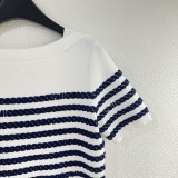 Louis Vuitton New Classic Contrast Stripe One Shoulder Round Neck Knitted Short Sleeve