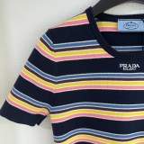 Prada New Fashion Contrast Stripe Embroidered Logo Round Neck Knitted Short Sleeve