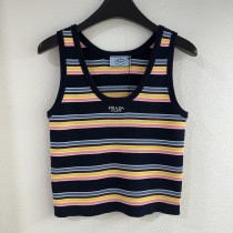 Prada New Fashion Contrast Stripe Embroidered Logo Round Neck Knitted Tank Top