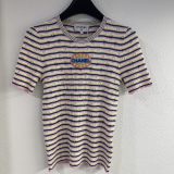 Chanel New Classic Embroidered Logo Contrast Stripe Knitted Short Sleeve