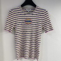Chanel New Classic Embroidered Logo Contrast Stripe Knitted Short Sleeve