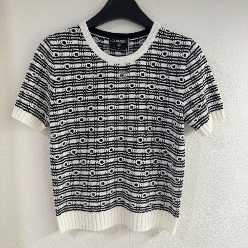 Chanel New Fashion Color Contrast Hollow Stripe Round Neck Knitted Short Sleeve