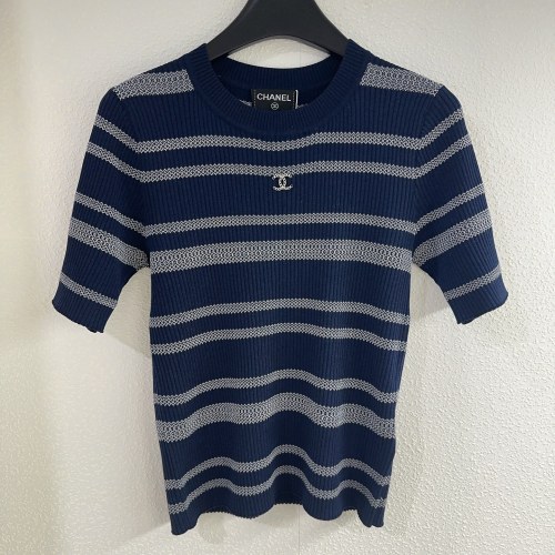 Chanel New Classic Contrast Stripe Round Neck Knitted Short Sleeve