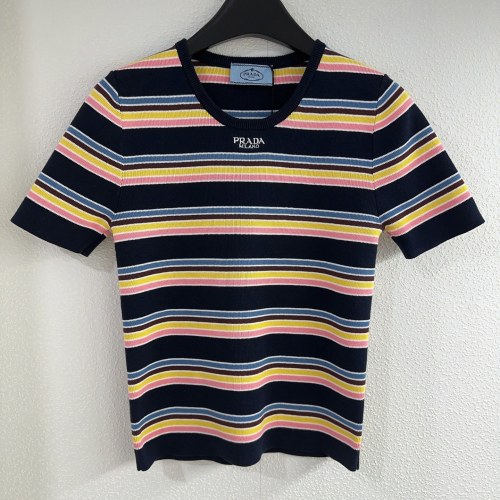 Prada New Fashion Contrast Stripe Embroidered Logo Round Neck Knitted Short Sleeve