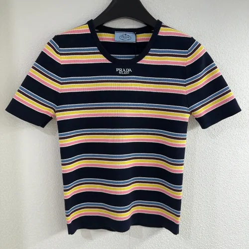 Prada New Fashion Contrast Stripe Embroidered Logo Round Neck Knitted Short Sleeve