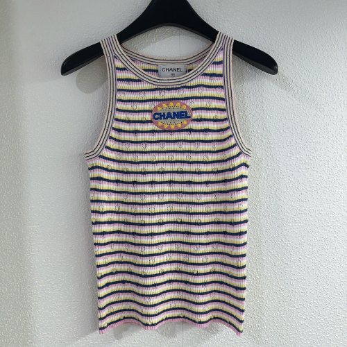 Chanel New Classic Embroidered Logo Contrast Striped Knitted Tank Top