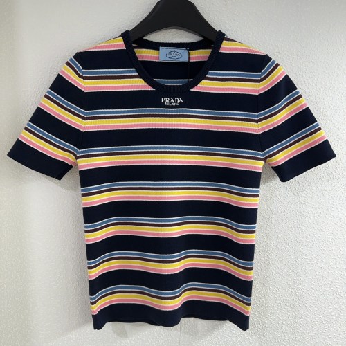 Prada New Fashion Contrast Stripe Embroidered Logo Round Neck Knitted Short Sleeve