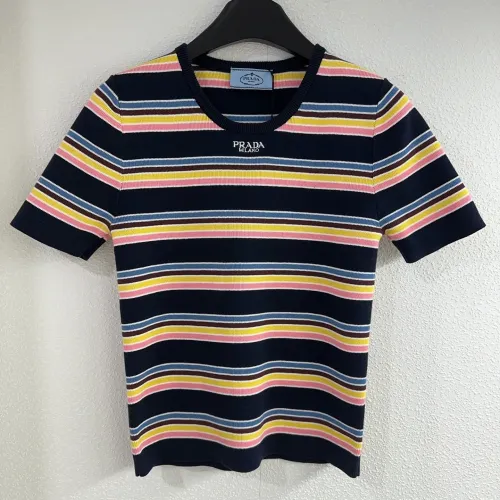Prada New Fashion Contrast Stripe Embroidered Logo Round Neck Knitted Short Sleeve