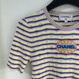 Chanel New Classic Embroidered Logo Contrast Stripe Knitted Short Sleeve