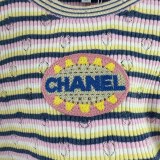 Chanel New Classic Embroidered Logo Contrast Stripe Knitted Short Sleeve