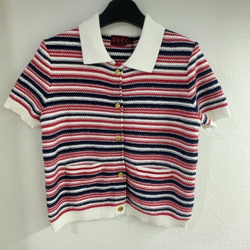 Gucci New Fashion Contrast Stripe Double Pocket Short Sleeve Knitted Cardigan