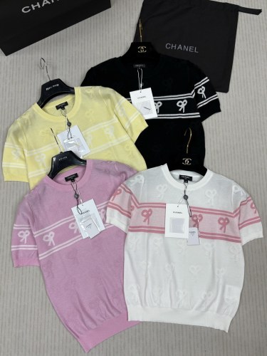Chanel New Dopamine Contrast Stripe Splicing Jacquard Round Neck Knitted Short Sleeve
