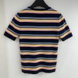 Prada New Fashion Contrast Stripe Embroidered Logo Round Neck Knitted Short Sleeve