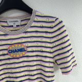 Chanel New Classic Embroidered Logo Contrast Stripe Knitted Short Sleeve