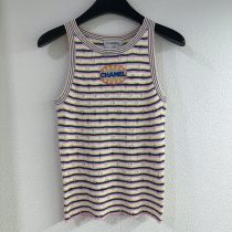 Chanel New Classic Embroidered Logo Contrast Striped Knitted Tank Top
