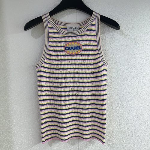 Chanel New Classic Embroidered Logo Contrast Striped Knitted Tank Top