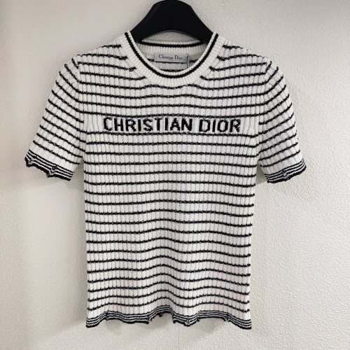 Dior New Classic Contrast Stripe Round Neck Knitted Short Sleeve