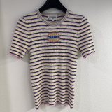 Chanel New Classic Embroidered Logo Contrast Stripe Knitted Short Sleeve