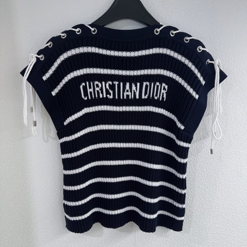 Dior New Classic Contrast Stripe Straight Shoulder Tie Knitted Short Sleeve