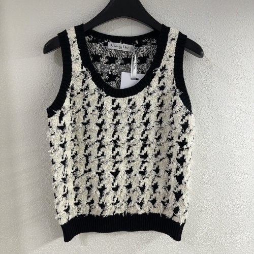Dior New Fashion Versatile Contrast Grid Knitted Shirt Tank Top