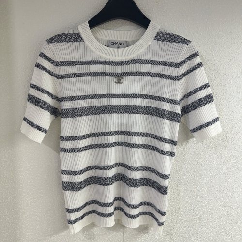 Chanel New Classic Contrast Stripe Round Neck Knitted Short Sleeve