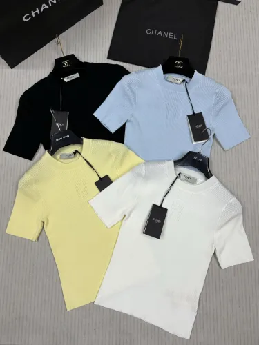 Fendi New Classic Double F Logo Hollow Round Neck Knitted Short Sleeve