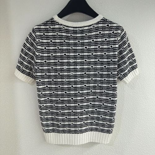 Chanel New Fashion Color Contrast Hollow Stripe Round Neck Knitted Short Sleeve