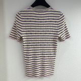 Chanel New Classic Embroidered Logo Contrast Stripe Knitted Short Sleeve