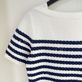 Louis Vuitton New Classic Contrast Stripe One Shoulder Round Neck Knitted Short Sleeve