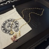 Chrome Hearts Retro Gold Pink Diamond Scout Flower Pin Necklace