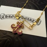 Chrome Hearts Retro Gold Pink Diamond Scout Flower Pin Necklace