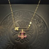 Chrome Hearts Retro Gold Pink Diamond Scout Flower Pin Necklace