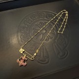 Chrome Hearts Retro Gold Pink Diamond Scout Flower Pin Necklace
