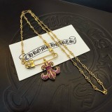 Chrome Hearts Retro Gold Pink Diamond Scout Flower Pin Necklace