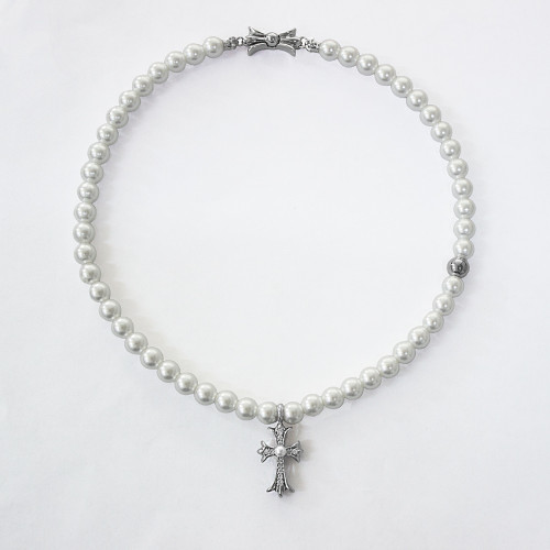 Chrome Hearts New Cross Pearl Necklace Light Luxury Elegant 8mm Pearl Collar Chain