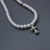 Chrome Hearts New Cross Pearl Necklace Light Luxury Elegant 8mm Pearl Collar Chain