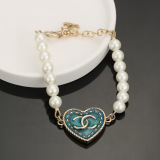 Chanel New Double C Heart Peach Vintage Old Blue Pearl Bracelet Necklace