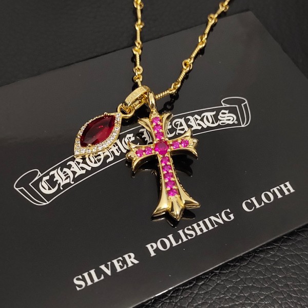 Chrome Hearts New Classic Retro Pink Diamond Cross Necklace
