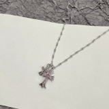 Chrome Hearts New Classic Pink Diamond Double Cross Necklace