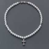 Chrome Hearts New Cross Pearl Necklace Light Luxury Elegant 8mm Pearl Collar Chain